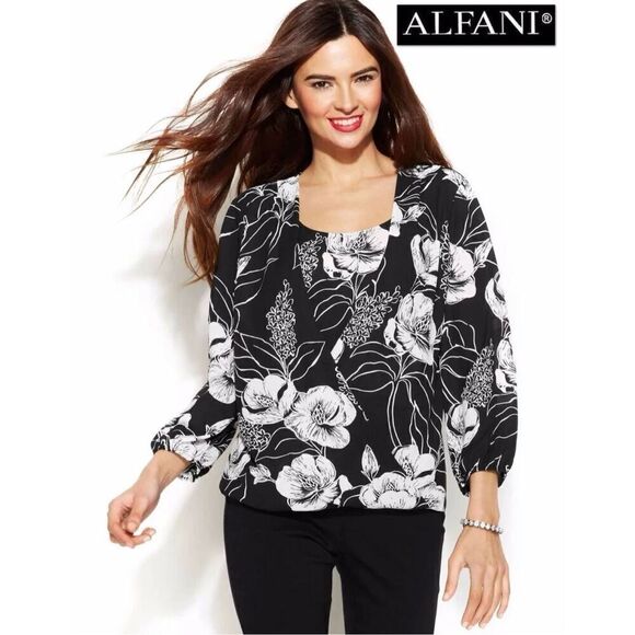 NWT Gorgeous ALFANI 8 Black Floral Chiffon Pullover Top Blouse Draped Crochet - Picture 1 of 12